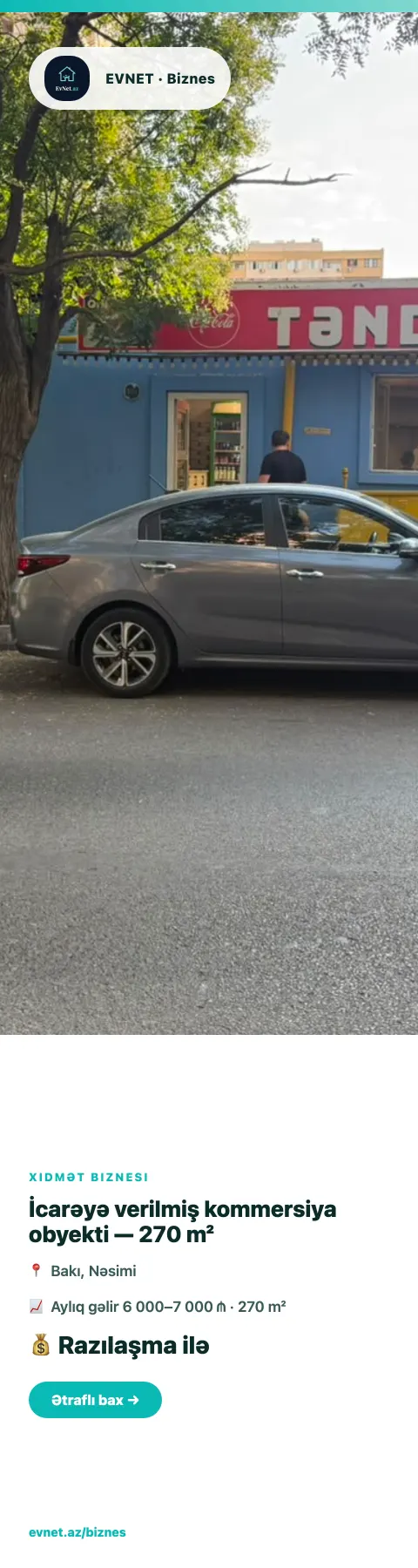 Nəsimi rayonunda icarəyə verilmiş 270 m² kommersiya obyekti satılır — kupça mövcuddur